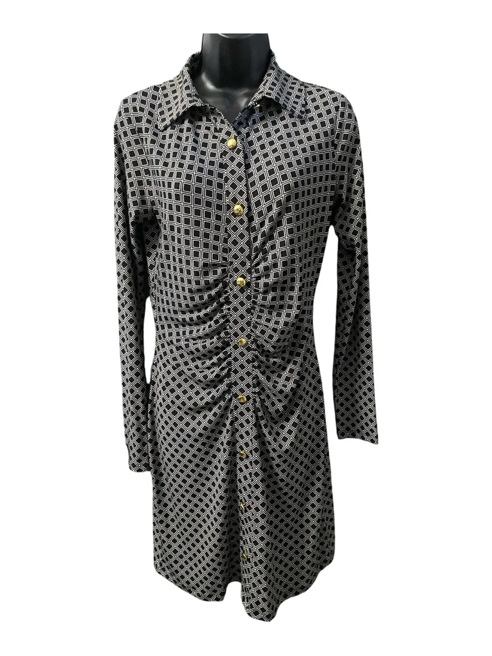 Michael Michael Kors Black White Geo-print Ruched Shirt Dress Collared Neckline